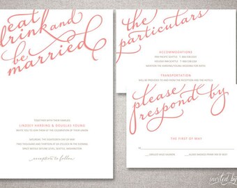 Eat, Drink, And Be Married Calligraphy "Lindsey" Wedding Invitations Suite - Whimsical Modern Script - Printable or Printed Invitation