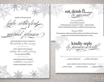 Winter Snowflake "Kylie" Wedding Invitation Suite - Classic Modern Whimsical Script Invitations - DIY Digital Printable or Printed Invite