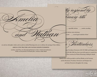 Script Calligraphy "Amelia" Wedding Invitations Suite - Kraft Paper Romantic Rustic Invitation - Custom Digital Printable or Printed Invite