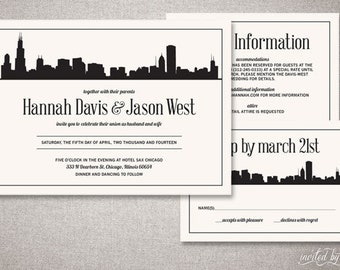 City Skyline "Hannah" Wedding Invitations Suite - Modern Graphic Classic Chicago Invite - Custom DIY Digital Printable or Printed Invitation