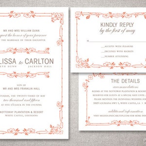 Shabby Chic &quot;Melissa&quot; Wedding Invitations Suite - Boho Floral Garden Art Nouveau Invitation - Custom DIY Digital Printable or Printed Invite