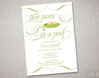 Beautiful Peas In A Pod Personalized Baby Shower Invitation - DIY Digital Printable or Printed Invite