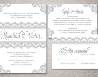 Lace "Rosalind" Wedding Invitation Suite - Romantic Vintage Elegant Deco Invite - Custom DIY Digital Printable or Printed Invitations