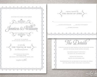Romantic Elegant "Jessica" Wedding Invitations Suite - Beautiful Classic Traditional Invitation - DIY Digital Printable or Printed Invite
