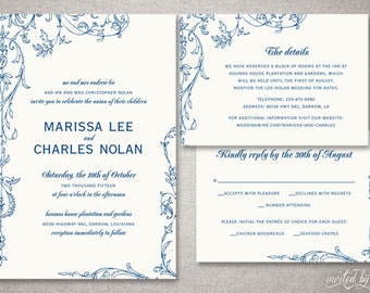 Garden Vintage "Marissa" Wedding Invitations Suite - Floral Shabby Chic Rustic Invitation - Custom DIY Digital Printable or Printed Invite
