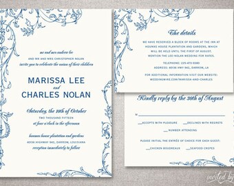 Garden Vintage "Marissa" Wedding Invitations Suite - Floral Shabby Chic Rustic Invitation - Custom DIY Digital Printable or Printed Invite
