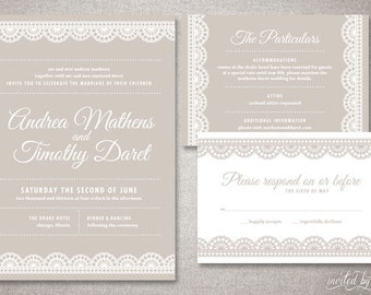 Art Deco Lace "Andrea" Wedding Invitations Suite - Vintage Modern Invite - Custom DIY Digital Printable or Printed Invitation
