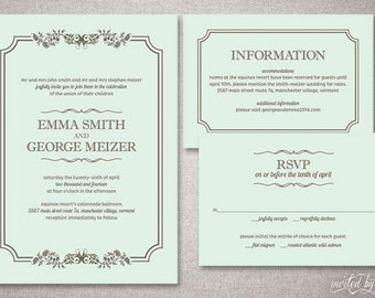 Traditional Floral "Emma" Wedding Invitation Suite - Romantic Vintage Rustic Invitations - Personalized Digital Printable or Printed Invite