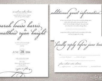Calligraphy "Louise" Wedding Invitation Suite - Romantic Modern Script Invitations - Personalized DIY Digital Printable or Printed Invite