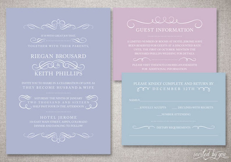 Classic Flourish Reigan Wedding Invitations Suite Typography Colorful Traditional Invitation DIY Digital Printable or Printed Invite image 1