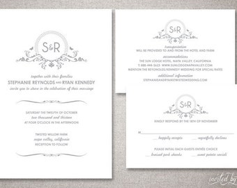 Monogram "Stephanie" Wedding Invitations Suite - Beautiful Floral Modern Invite - Personalized DIY Digital Printable or Printed Invitation