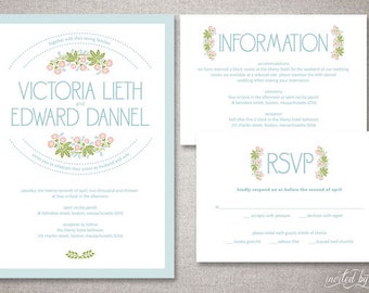 Rustic Floral "Victoria" Wedding Invitation Suite - Vintage Deco Invitations - Personalized DIY Digital Printable or Printed Invite