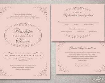 Beautiful Flourish "Penelope" Wedding Invitations Suite - Romantic Elegant Classic Invitation - DIY Digital Printable or Printed Invite