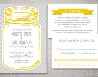 Rustic Mason Jar "Kristen" Wedding Invitation Suite - Custom Vintage Shabby Chic Invitations - DIY Digital Printable or Printed Invite