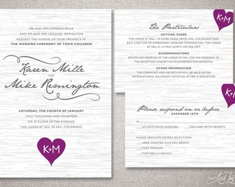 Rustic Tree Bark "Karen" Wedding Invitations Suite - Whimsical Woodland Heart Invitation - Custom DIY Digital Printable or Printed Invite