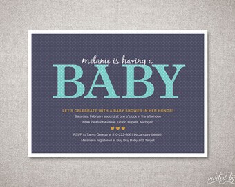 Modern Polka Dot Baby Shower Invitation -  Personalized Unique Typography - DIY Digital Printable or Printed Invite