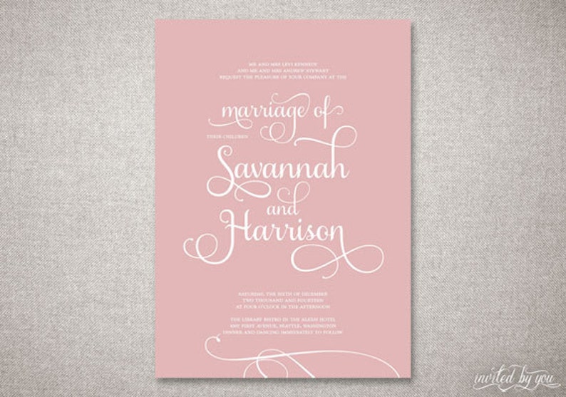 May include: A pink wedding invitation with white elegant script. The invitation reads "marriage of Savannah and Harrison" with additional details about the ceremony. The text is centered on the pink background.