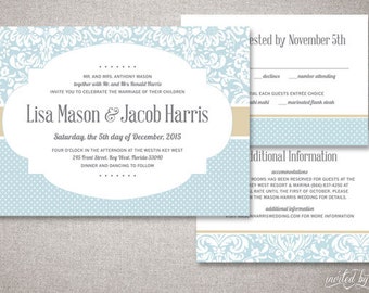 Shabby Chic Damask "Lisa" Wedding Invitation Suite - Vintage Floral Pattern Invite - Custom Digital DIY Printable or Printed Invitations