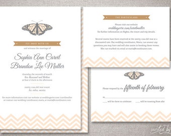 Vintage Chic "Sophia" Wedding Invitation Suite - Chevron Butterfly Destination Invite - Custom DIY Digital Printable or Printed Invitations