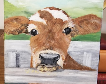 Original Acrylic Cow Painting On Canvas: Farmhouse Wall Art