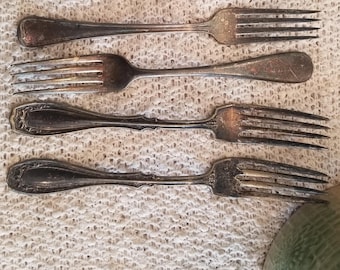 Vintage Mixed Set of Four Forks - Early 1900s Mix, Aged Silver Plate Flatware