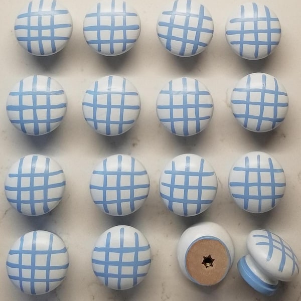 Blue Gingham Hand-Painted Wooden Drawer Knobs - DIY Furniture Upgrade