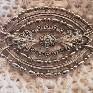 Vintage Silver Tone Brooch with Marcasite Stones - Art Deco Design