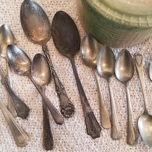 Vintage Mixed Set of Five Serving Spoons And Eight Teaspoons - Early 1900s Mix, Aged Silver Plate Flatware