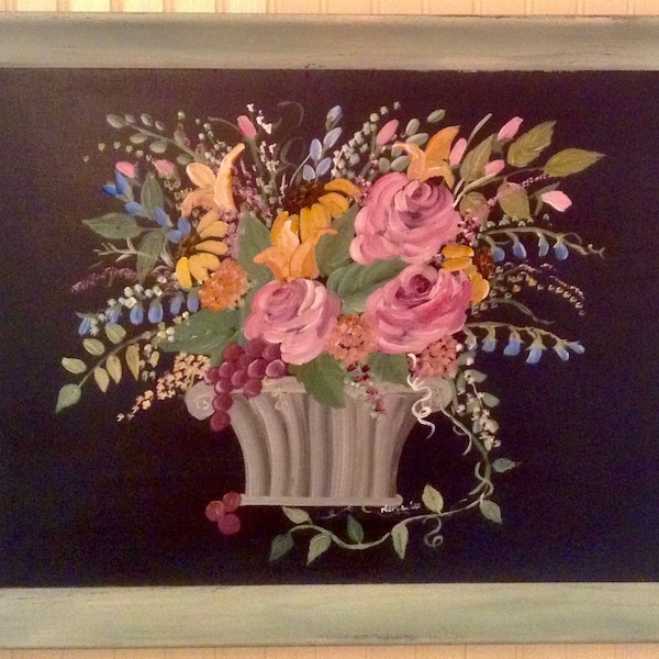 Painting: Floral Primitive Art in Robbin's Egg Blue Chalked Painted W/Vintage Wooden Frame