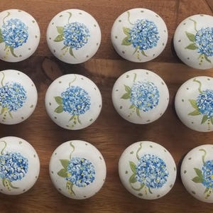 Hand Painted Hydrangea Wooden Drawer Knobs: 1 1/4" Birch Cabinet Pulls