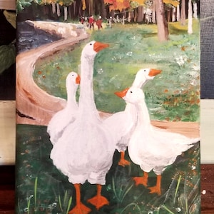 Duck Pond Painting, Geese, Original 5"x7" Or 8"x 6", Miniature Acrylic Painting on Canvas
