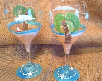 Hand Painted Palm Tree Wine Glasses: Coastal Beach Scene