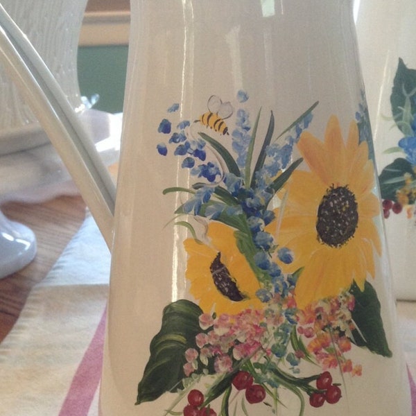 Hand Painted White Enamel Pitcher With Sunflowers,  Hydrangea or Gerber Daisy Pattern