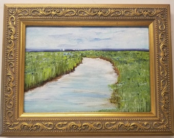 Marsh Painting, Coastal Landscape, Original 5"x7" Miniature Acrylic Painting on Canvas - Framed