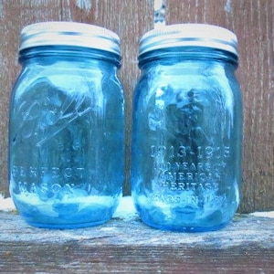 2 BLUE, BALL Mason Jars 100th Anniversary American Heritage Vintage Collection Canning Jars Two 16 oz jars Pint