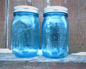 2 BLUE, BALL Mason Jars 100th Anniversary American Heritage Vintage Collection Canning Jars Two 16 oz jars Pint