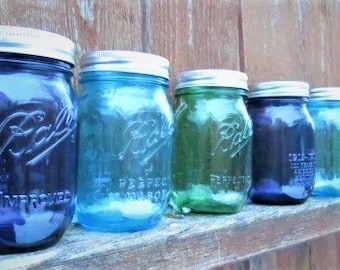 SET of 3  American Heritage BALL CANNING Jars Vintage Collection  Mason Jars - 1 ea: Blue, Green, Purple 16oz/Pint Jars