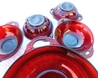 7 pc SET  Ruby Red Glass Bowls 1930's 1 Serving 6 Berry Bowls Anchor Hocking
