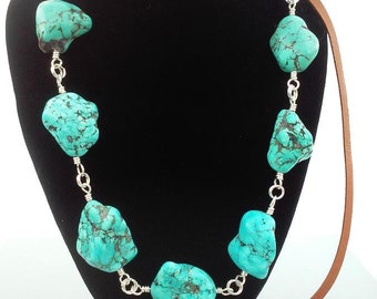 20% Off Turquoise Magnesite Nugget Necklace, Leather Adjustable Necklace