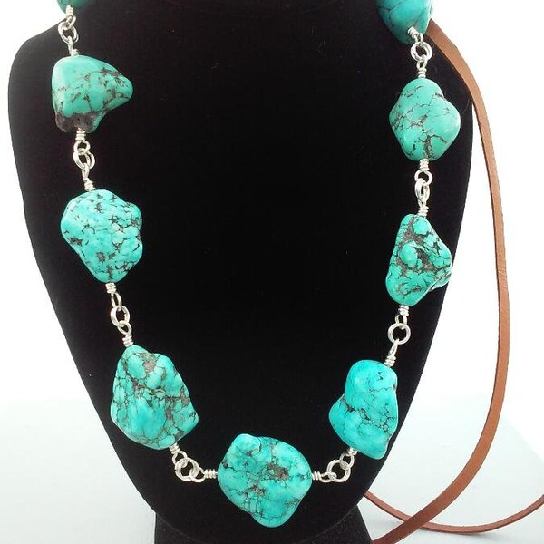 20% Off Turquoise Magnesite Nugget Necklace, Leather Adjustable Necklace