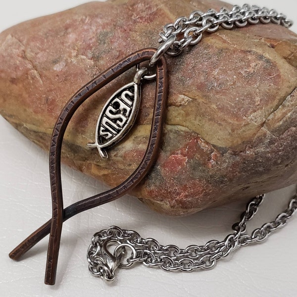 Textured Copper Jesus Fish Necklace ~ Jesus Fish Charm