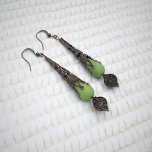 Recycled Glass Teardrop Earrings with Copper Victorian &quot;Lace&quot; Filigree and antiqued copper