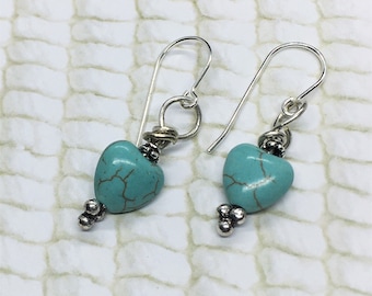 Tiny Heart in Turquoise Magnesite and Sterling Silver Earwire Earrings