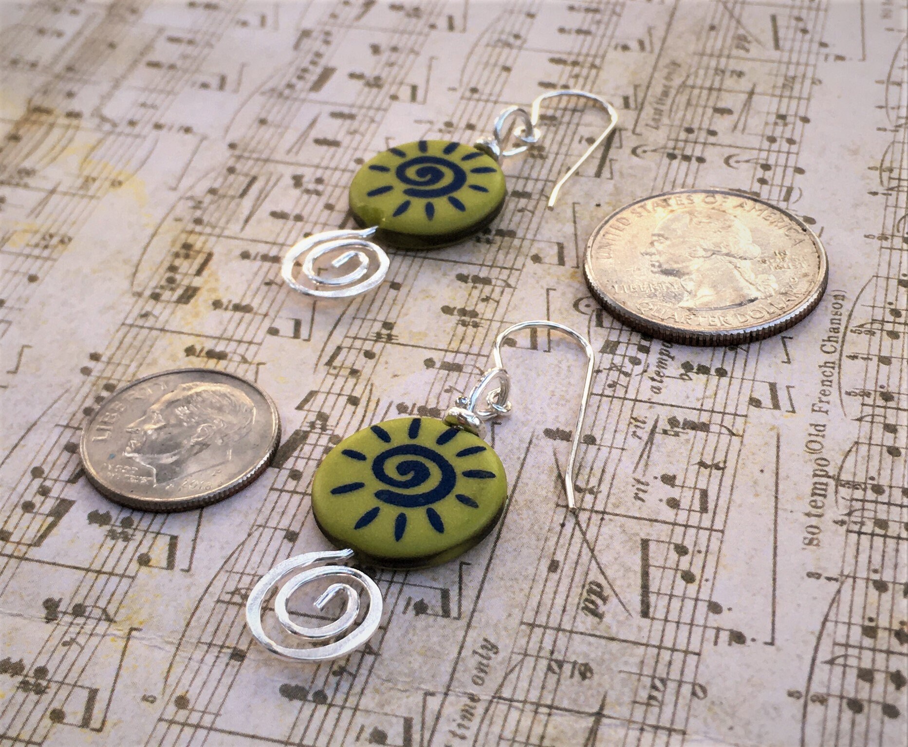 アクセサリー Organic motif Glass Earrings Czech Glass Earrings: Blue Swirl, Wasabi Green & Sterling Silver