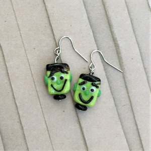 Halloween Smiling Frankenstein Lampworked Glass earrings (free shipping)