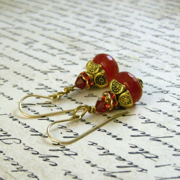 Faceted Ruby Glass Petite Earrings accented with genuine Swarovski Crystal*, 14k Gold Fill, and Patterned Brass