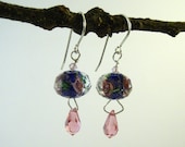 Beauty and the Beast Rose and Blue Lampwork Glass earrings with sterling silver