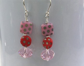 Glass Earrings with Laser-Etched polka dots and pink crystal with sterling silver