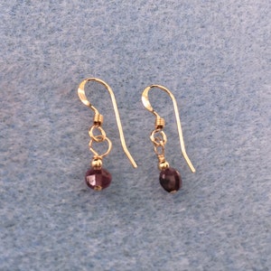 May include: A pair of gold earrings with small, dark purple gemstone drops.
