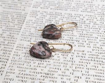 Petite earrings with Leopardskin Jasper Hearts and 14k goldfill (free shipping)